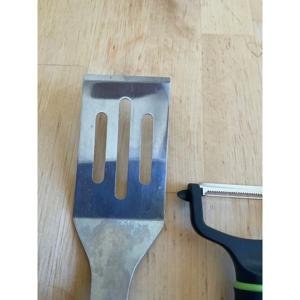 Kitchen Tool Set Slotted Spatula Turner and Serrated Y Peeler Black Lime Green